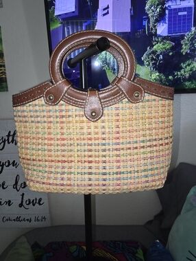 Fossil Mini Woven Straw Tote Bag with Brown Leather Handles
